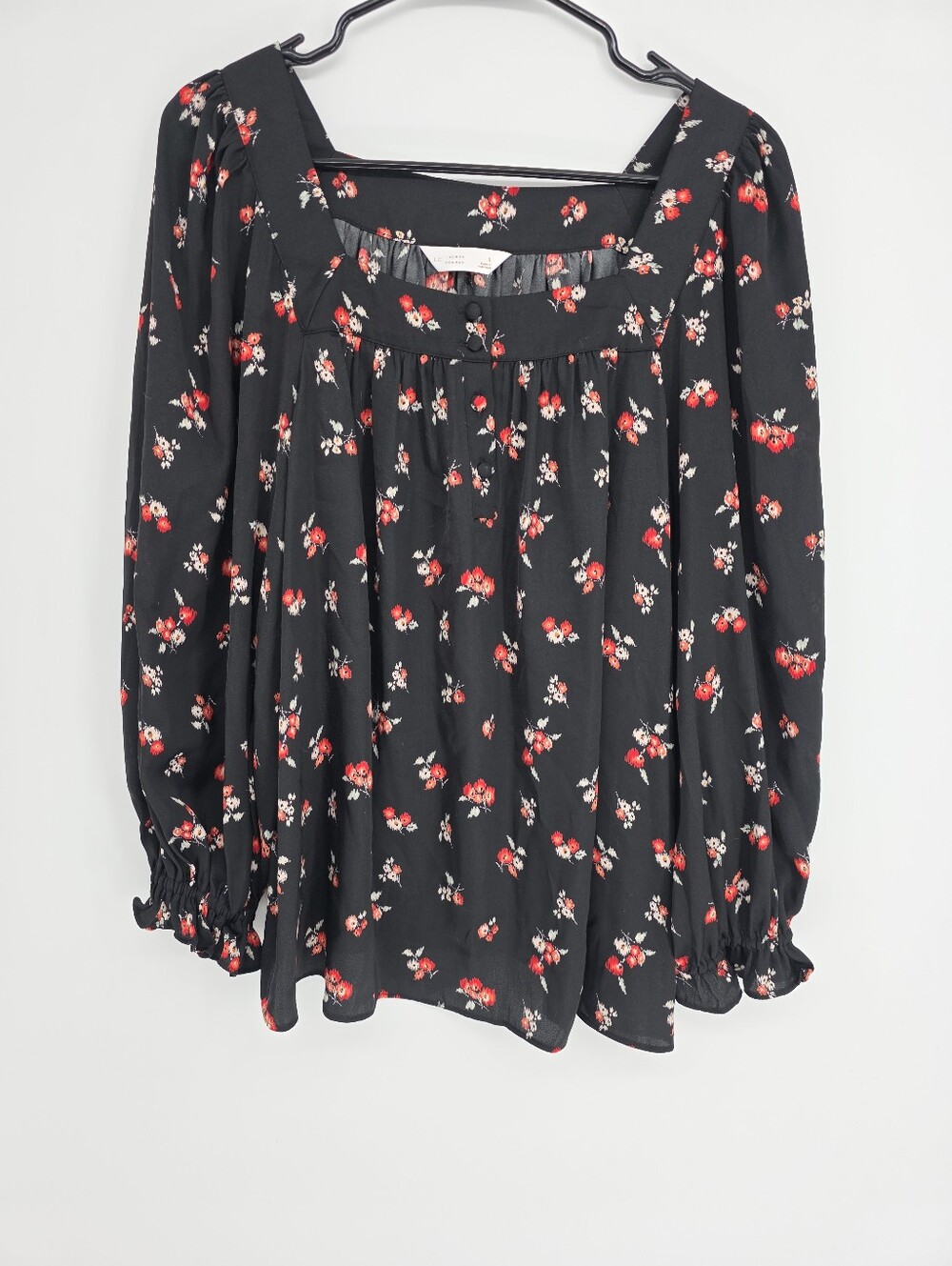 Lauren Conrad Floral Print Blouse Square Neckline Black NWT